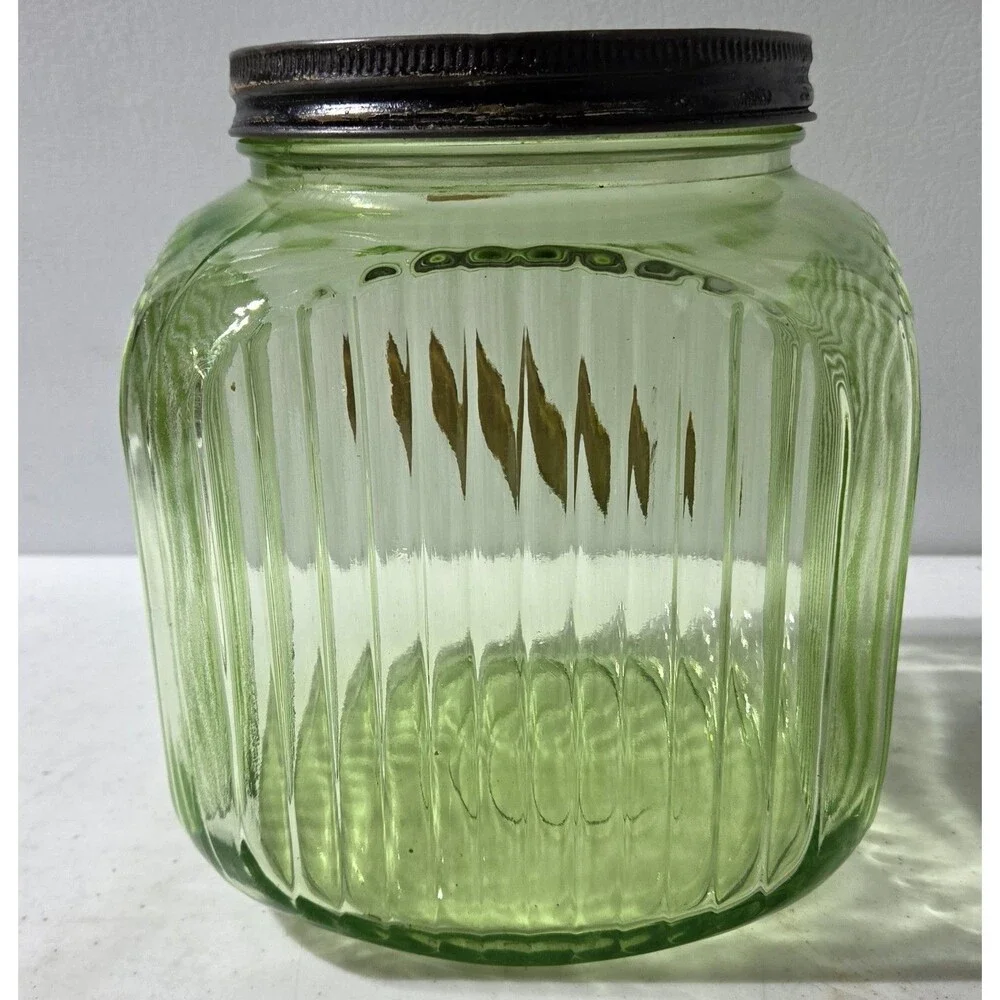Vintage Ribbed Green Uranium Vaseline Depression Glass Cookie Jar Canister